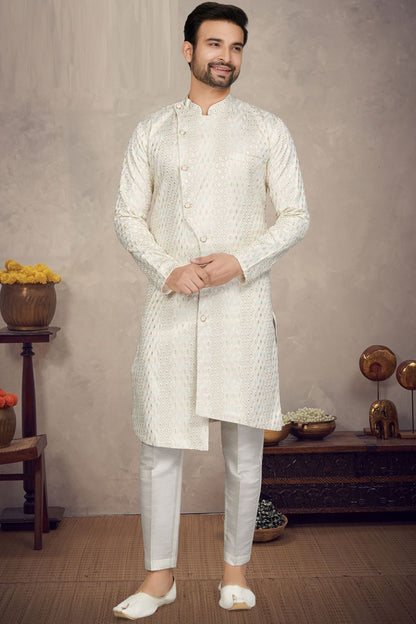 Off White Lucknowi Mens Indo Western (NMK-6967) - Nihal Fashions