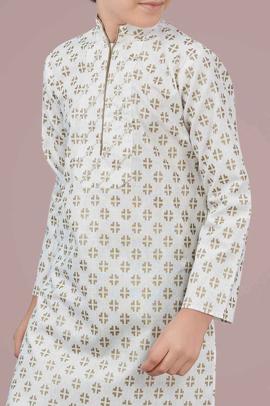 Off White Printed Cotton Silk Boys Kurta (NKK-703)
