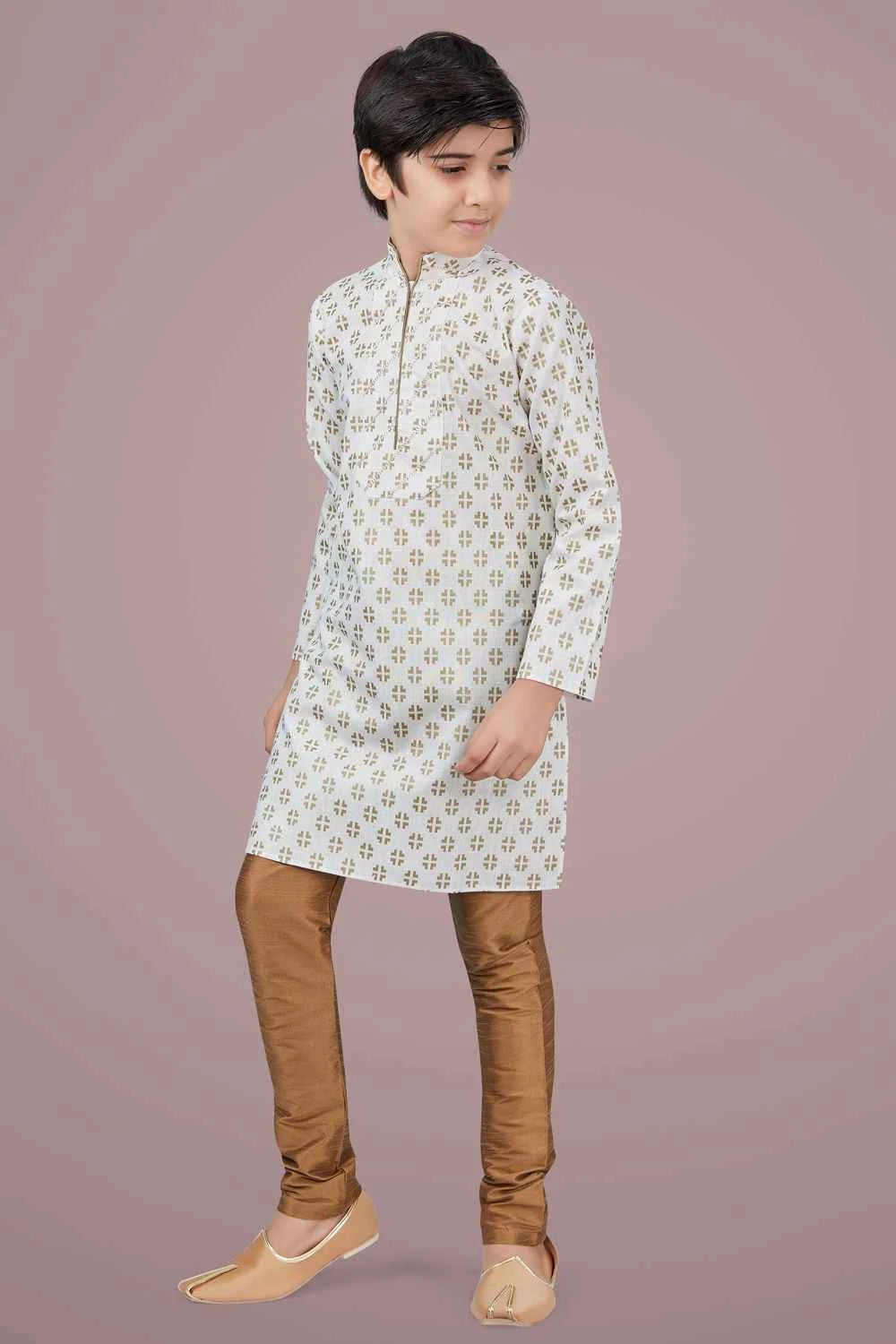 Off White Printed Cotton Silk Boys Kurta (NKK-703)