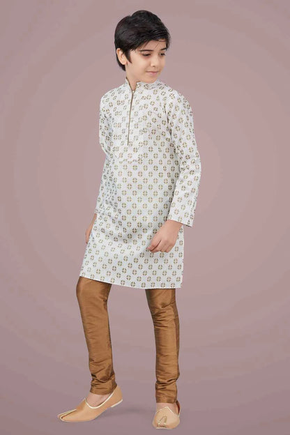 Off White Printed Cotton Silk Boys Kurta (NKK-703)