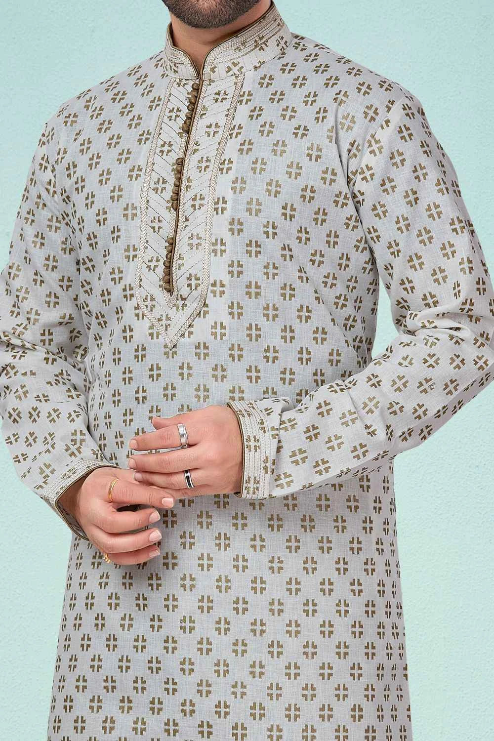 Off White Printed Cotton Silk Kurta Pajama (NMK-4828)