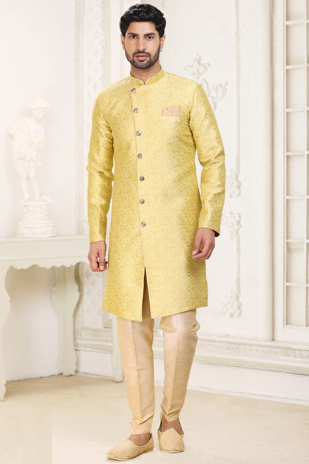 Olive Green Banarasi Jaquard Indo Western (NMK-6905) - Nihal Fashions