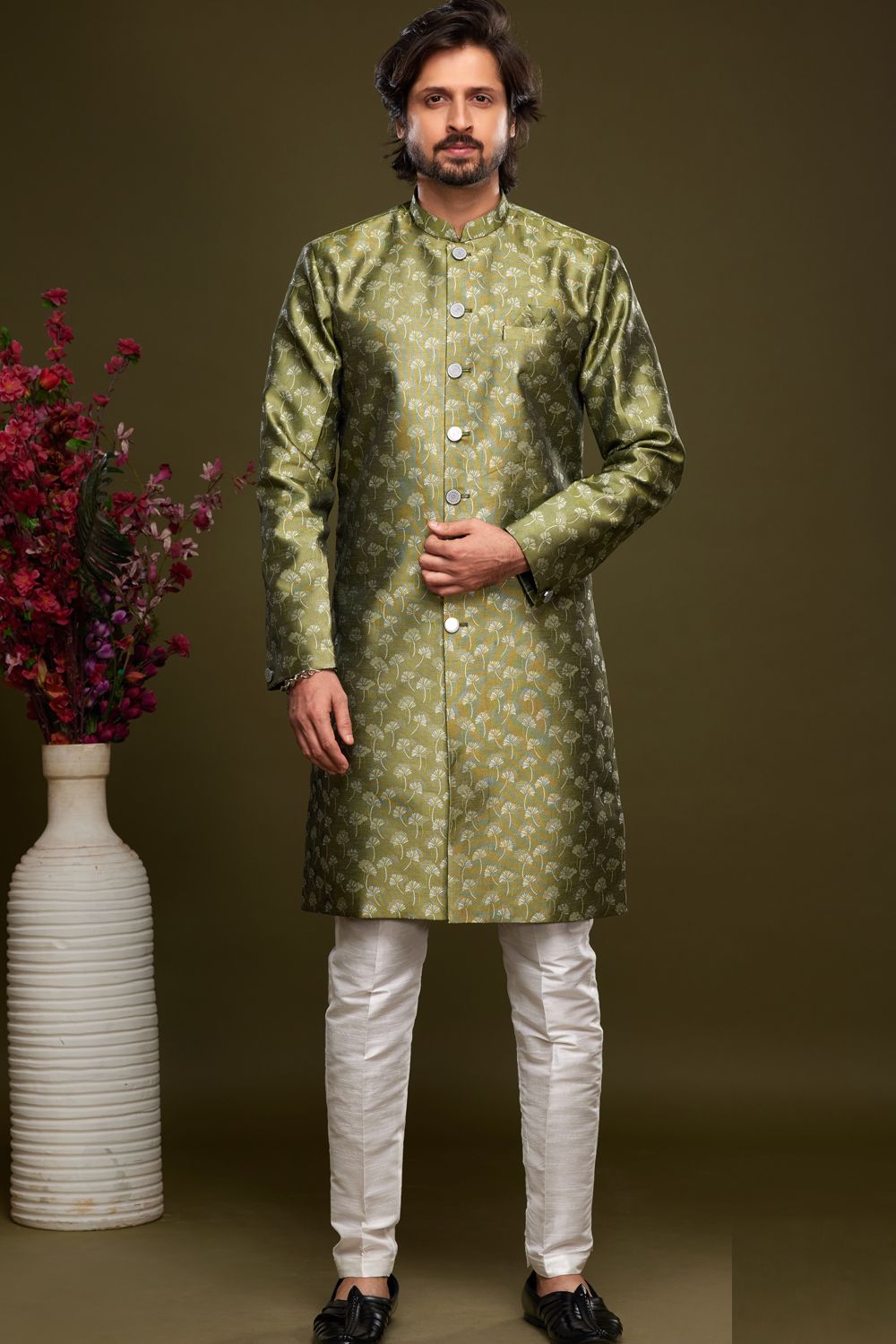 Olive Green Banarasi Jaquard Mens Indo Western (NMK-7004) - Nihal Fashions