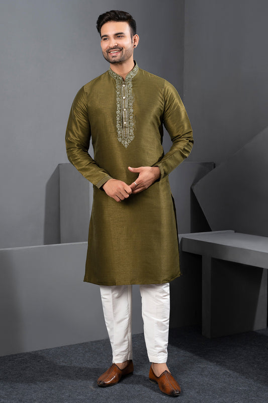 Olive Green Banglori Silk Kurta Pajama (NMK-8730) - Nihal Fashions