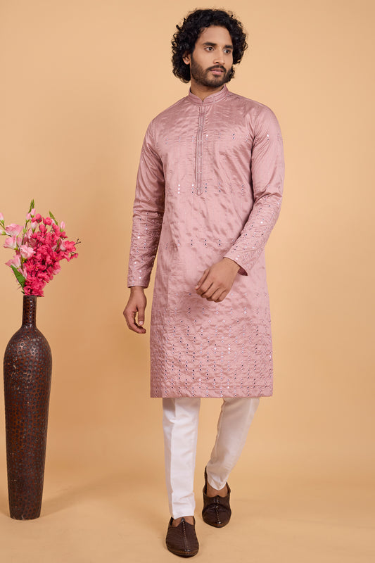 Onion Pink Art Banarasi Silk Kurta Pajama (NMK-8705) - Nihal Fashions