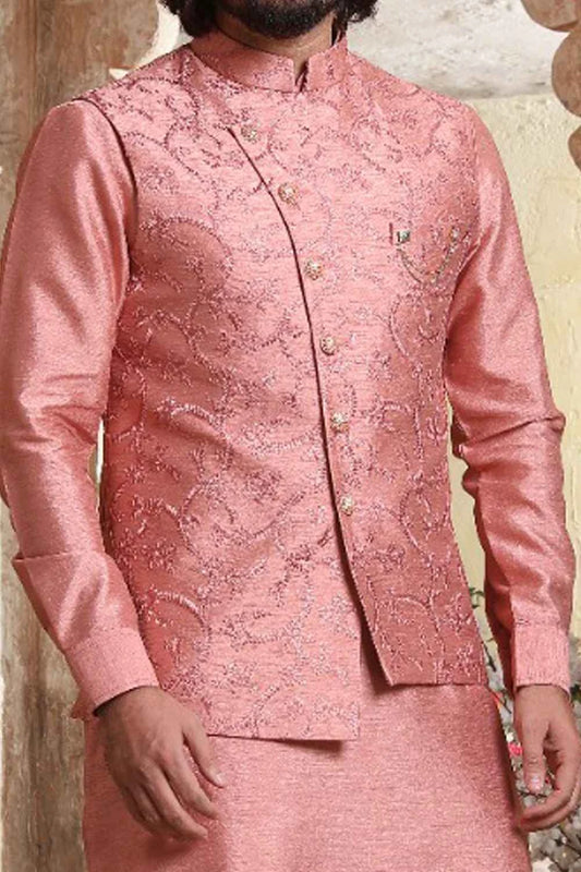 Onion Pink Art Banarasi Silk Mens Nehru Jacket (NMK-5606)