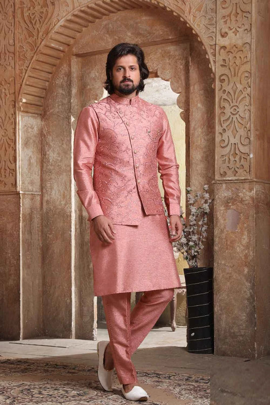 Onion Pink Art Banarasi Silk Mens Nehru Jacket (NMK-5606)