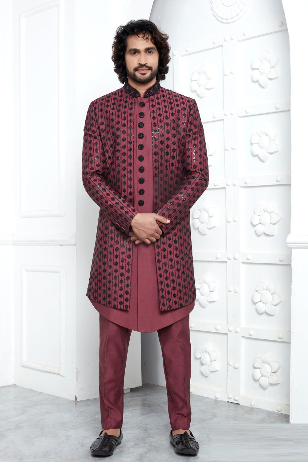 Onion Pink Art Silk 3 piece attached Jacket Set (NMK-7872) - Nihal Fashions