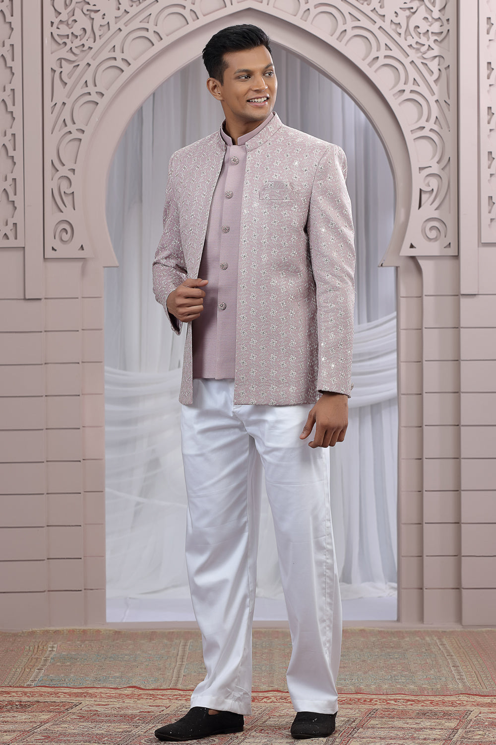 Onion Pink Art Silk 3 piece Jacket Jodhpuri (NMK-8669) - Nihal Fashions