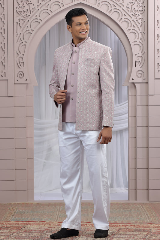 Onion Pink Art Silk 3 piece Jacket Jodhpuri (NMK-8669) - Nihal Fashions