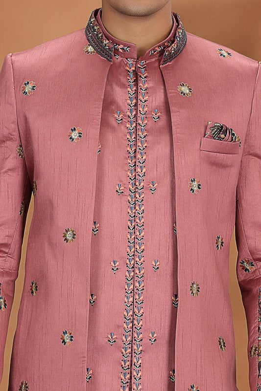Onion Pink Art Silk Mens 3 piece Indo Western (NMK-8630) - Nihal Fashions