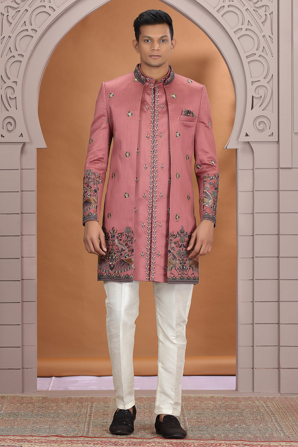 Onion Pink Art Silk Mens 3 piece Indo Western (NMK-8630) - Nihal Fashions