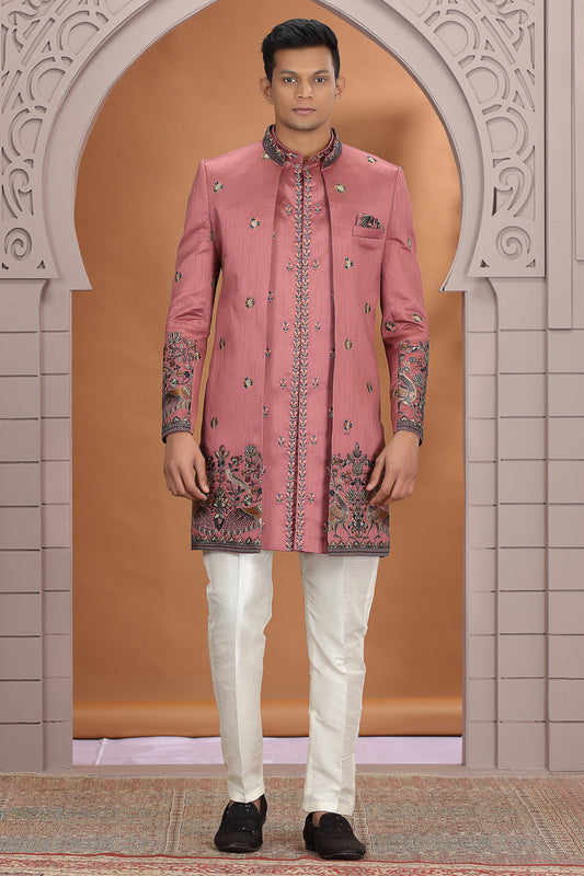 Onion Pink Art Silk Mens 3 piece Indo Western (NMK-8630) - Nihal Fashions