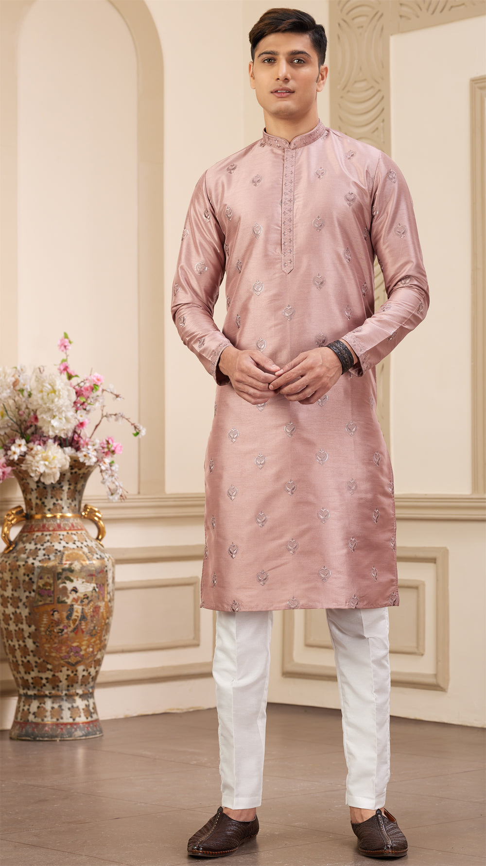Onion Pink Art Silk Mens Kurta Pajama (NMK-8374) - Nihal Fashions
