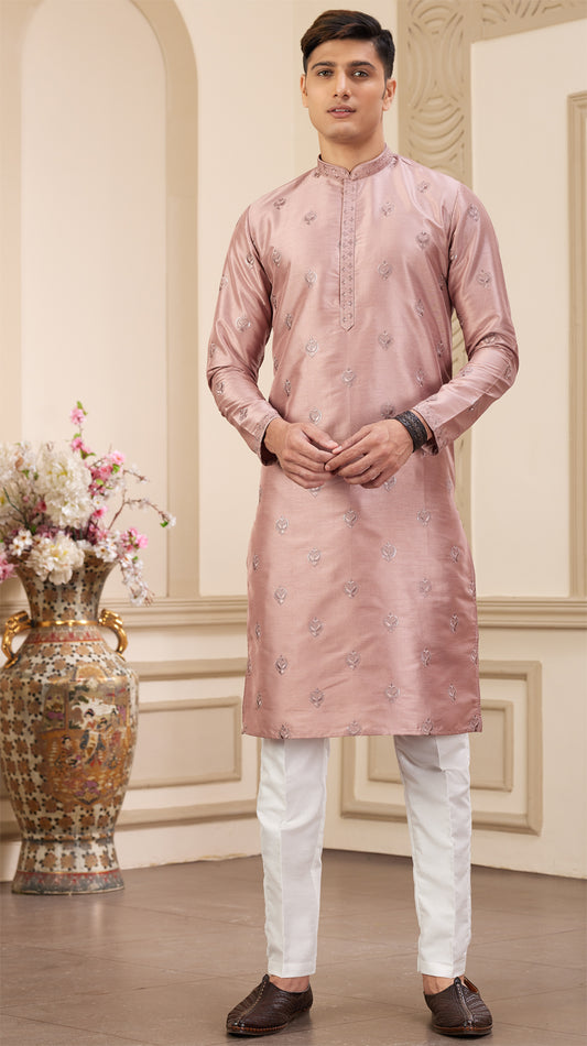 Onion Pink Art Silk Mens Kurta Pajama (NMK-8374) - Nihal Fashions