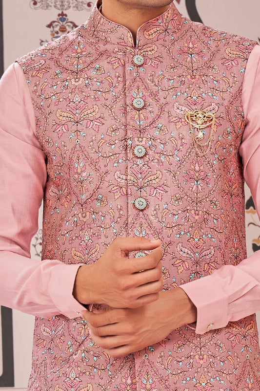 Onion Pink Art Silk Mens Nehru Jacket (NMK-7980) - Nihal Fashions