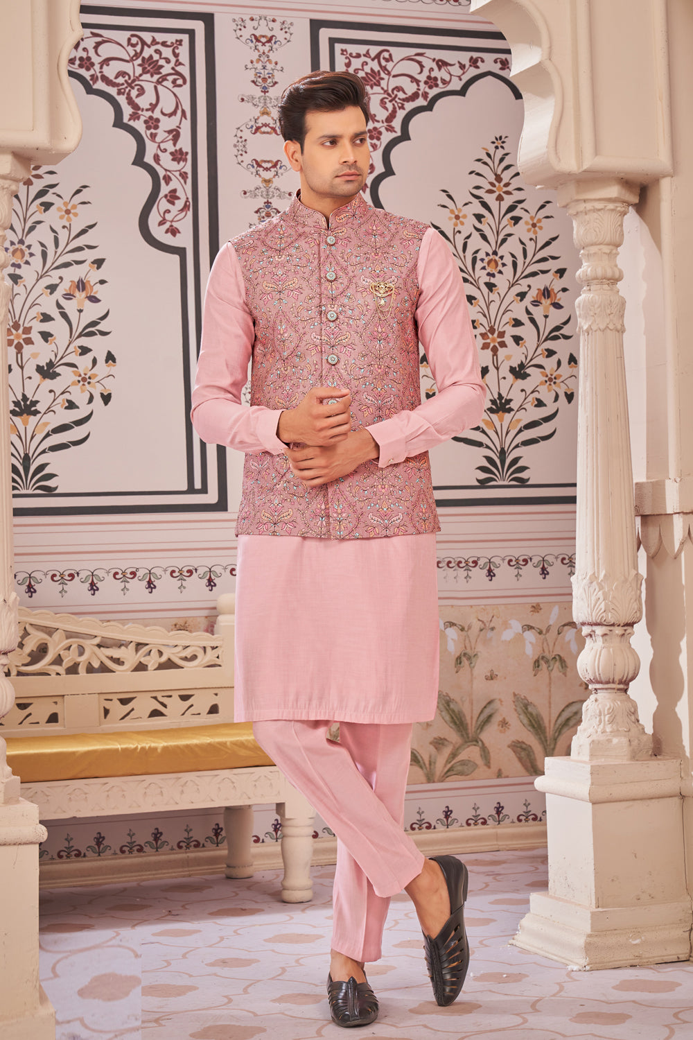 Onion Pink Art Silk Mens Nehru Jacket (NMK-7980) - Nihal Fashions