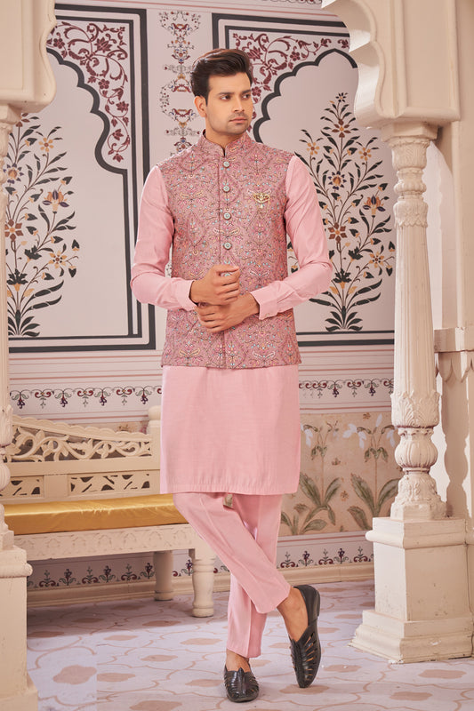 Onion Pink Art Silk Mens Nehru Jacket (NMK-7980) - Nihal Fashions