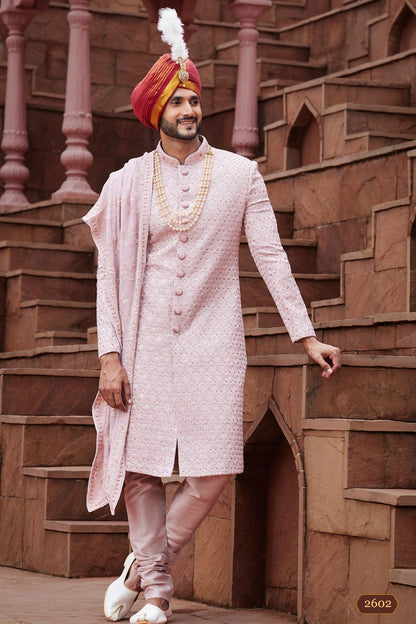 Onion Pink Art Silk Mens Sherwani (NMK-7154) - Nihal Fashions