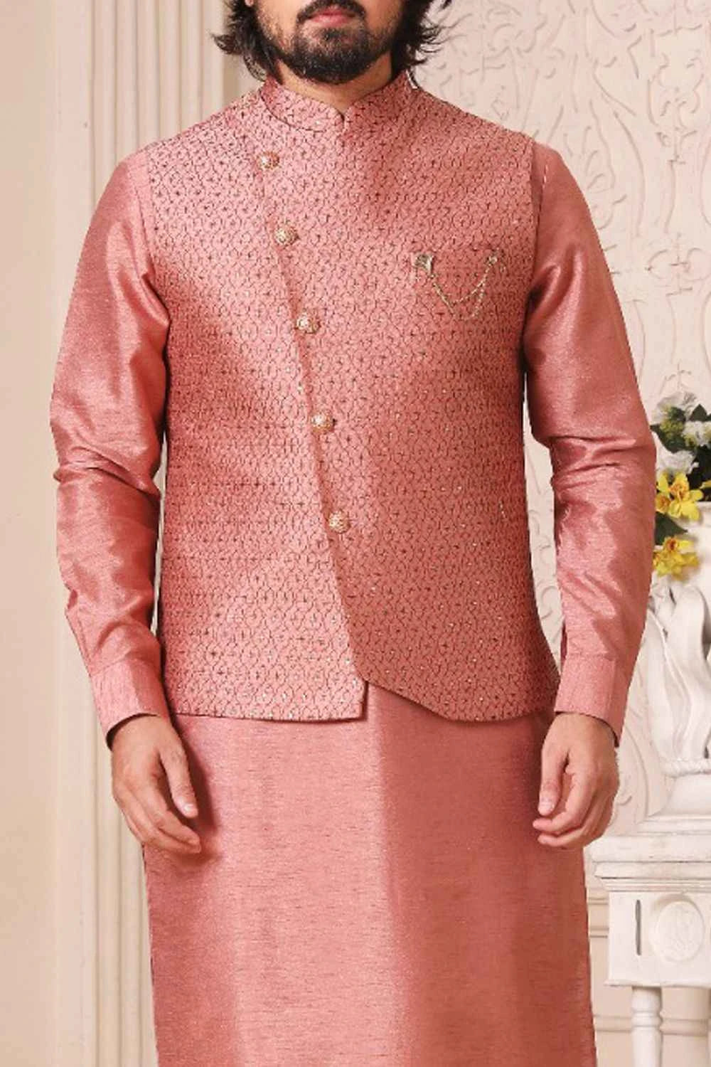 Onion Pink Art Silk Nehru Jacket for Mens (NMK-5609)