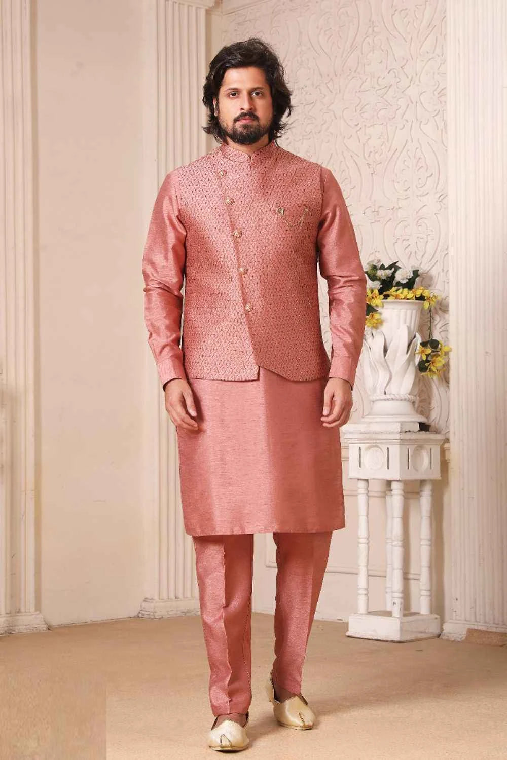 Onion Pink Art Silk Nehru Jacket for Mens (NMK-5609)