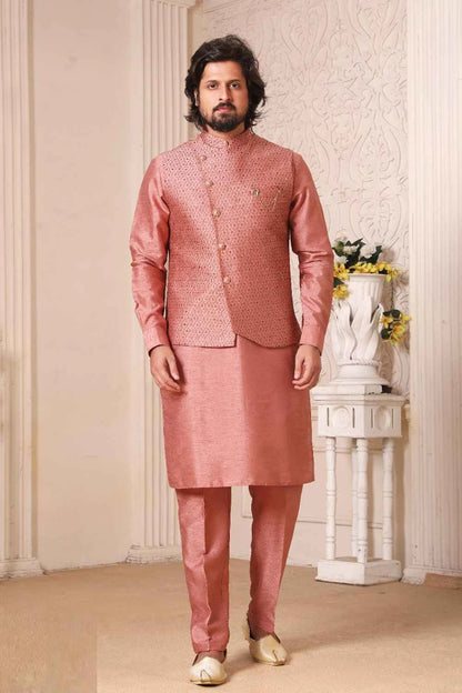 Onion Pink Art Silk Nehru Jacket for Mens (NMK-5609)
