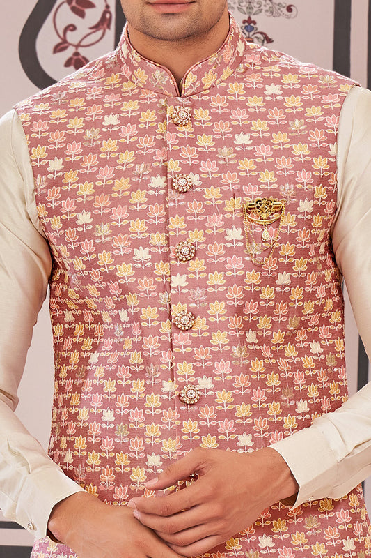 Onion Pink Art Silk Nehru Jacket (NMK-7990) - Nihal Fashions