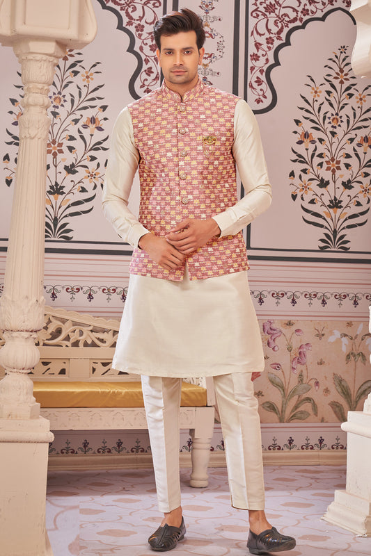 Onion Pink Art Silk Nehru Jacket (NMK-7990) - Nihal Fashions