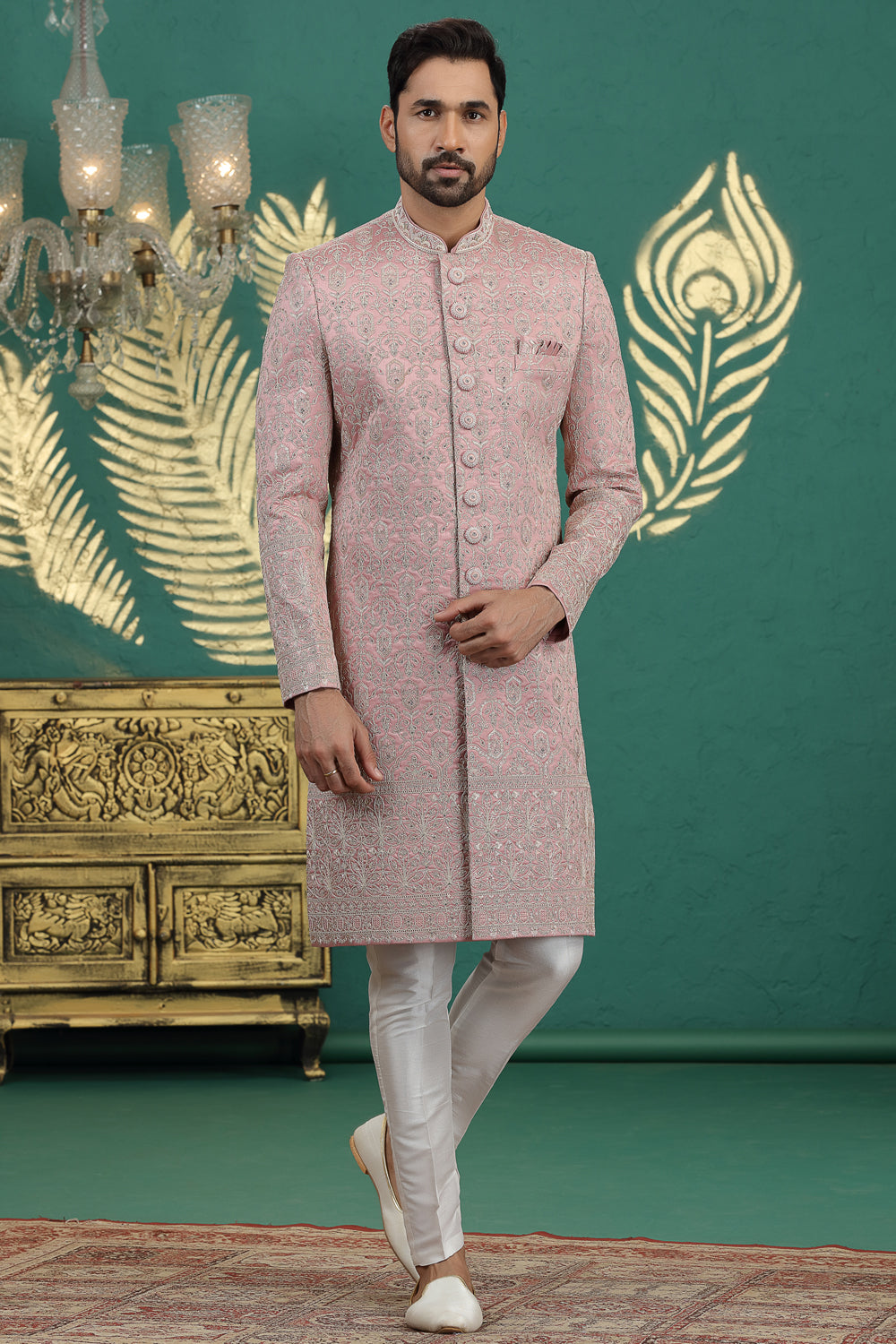 Onion Pink Art Silk Sherwani for Groom (NMK-8607) - Nihal Fashions