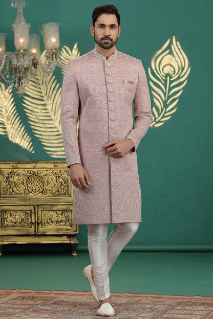 Onion Pink Art Silk Sherwani for Groom (NMK-8607) - Nihal Fashions