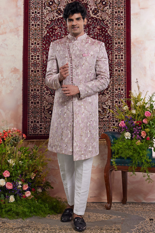 Onion Pink Banarasi Jaquard Indo Western (NMK-8553) - Nihal Fashions