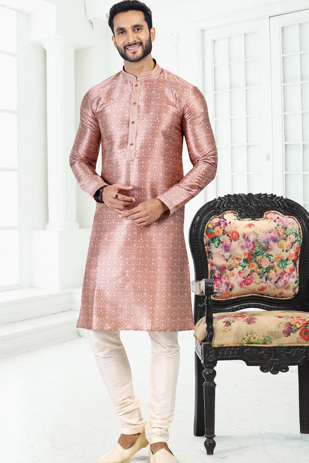 Onion Pink Banarasi Silk Kurta Pajama (NMK-6695) - Nihal Fashions
