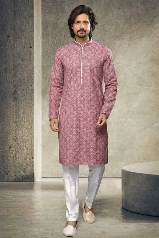 Onion Pink Cotton Mens Kurta Pajama (NMK-6150)