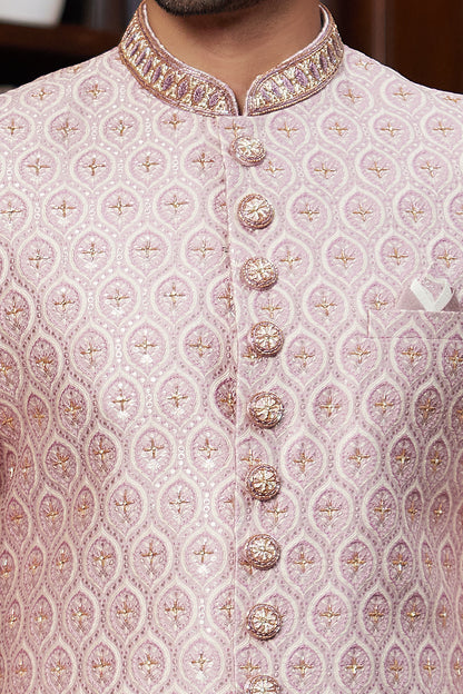 Onion Pink Imported Jaquard Silk Sherwani (NMK-8285) - Nihal Fashions