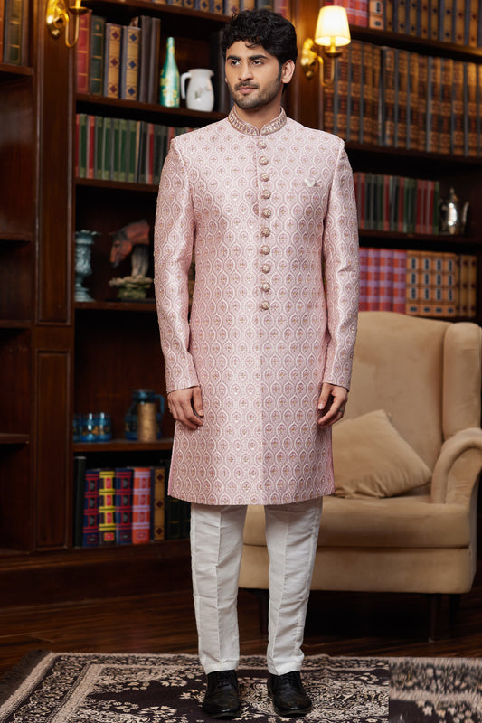 Onion Pink Imported Jaquard Silk Sherwani (NMK-8285) - Nihal Fashions