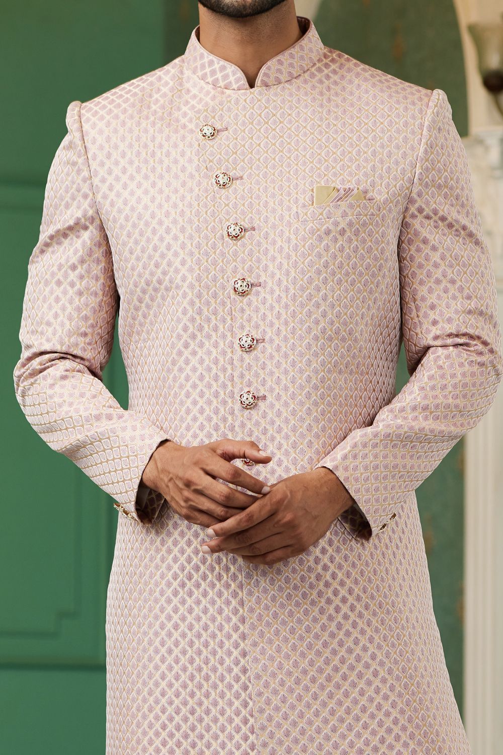 Onion Pink Jaquard Silk Indo Western (NMK-7149) - Nihal Fashions