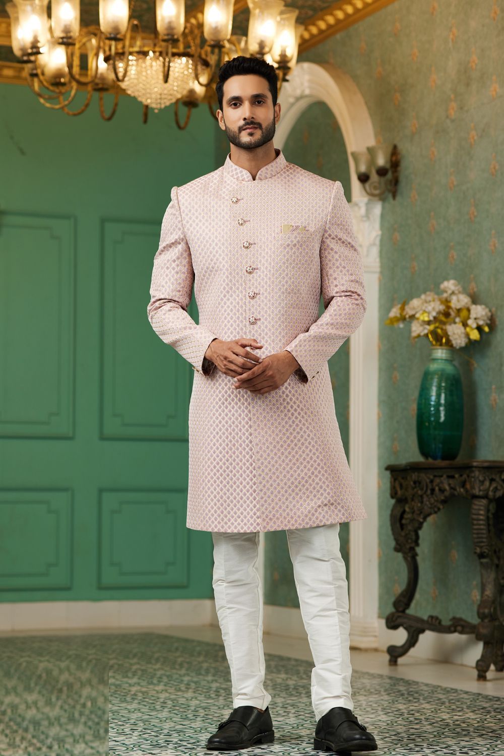 Onion Pink Jaquard Silk Indo Western (NMK-7149) - Nihal Fashions