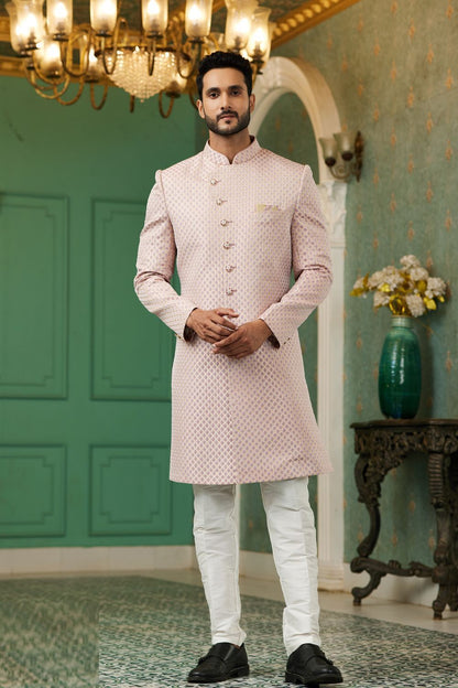 Onion Pink Jaquard Silk Indo Western (NMK-7149) - Nihal Fashions