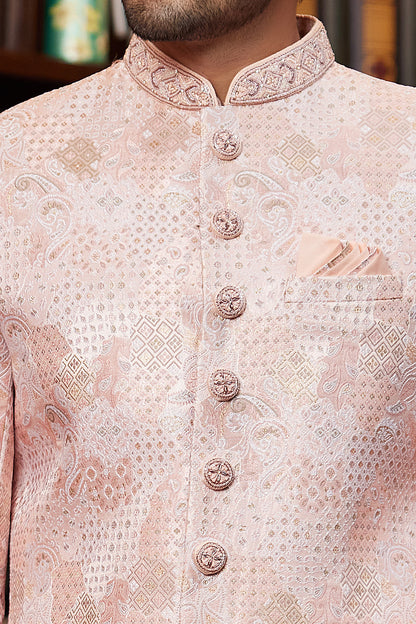 Onion Pink Jaquard Silk Mens Indo Western (NMK-8291) - Nihal Fashions
