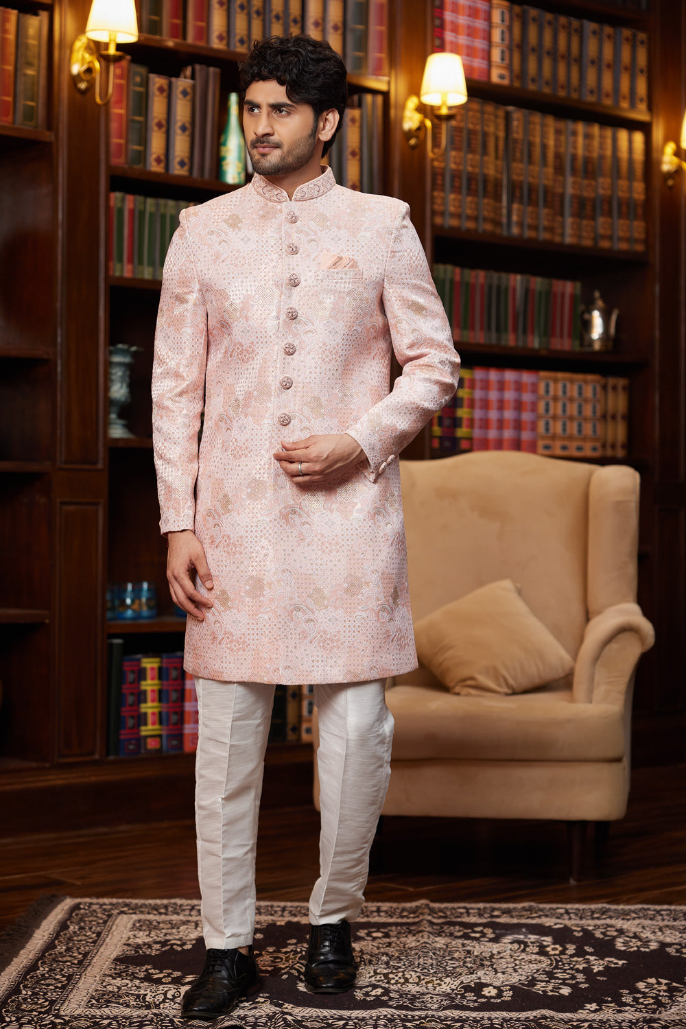 Onion Pink Jaquard Silk Mens Indo Western (NMK-8291) - Nihal Fashions