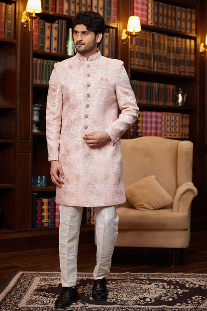 Onion Pink Jaquard Silk Mens Indo Western (NMK-8291) - Nihal Fashions