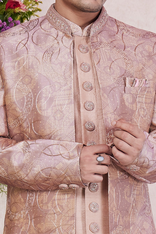 Onion Pink Silk 3 piece Jacket Set (NMK-8414) - Nihal Fashions
