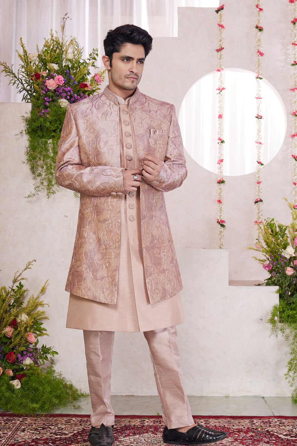 Onion Pink Silk 3 piece Jacket Set (NMK-8414) - Nihal Fashions
