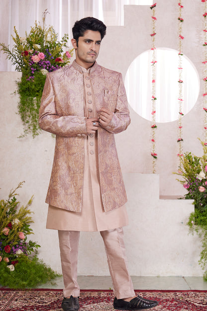 Onion Pink Silk 3 piece Jacket Set (NMK-8414) - Nihal Fashions