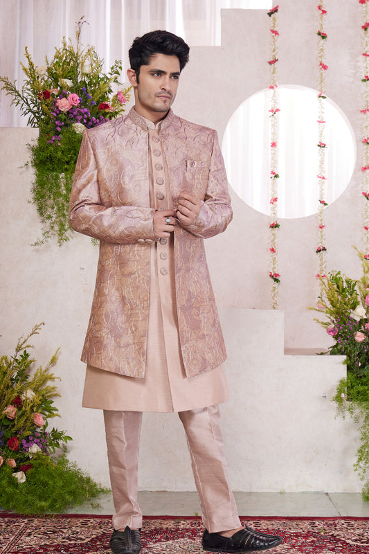 Onion Pink Silk 3 piece Jacket Set (NMK-8414) - Nihal Fashions