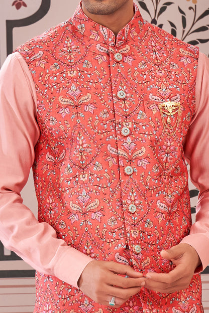Orange Art Silk Nehru Jacket (NMK-7982) - Nihal Fashions
