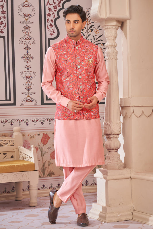 Orange Art Silk Nehru Jacket (NMK-7982) - Nihal Fashions