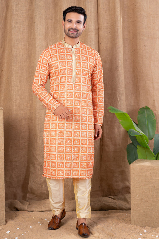 Orange Cotton Kurta Pajama (NMK-8525) - Nihal Fashions