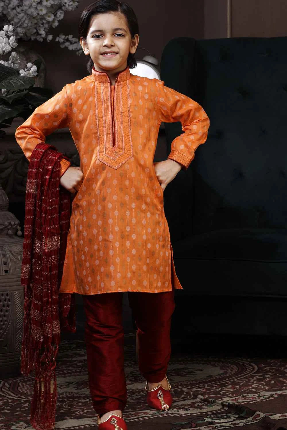 Orange Cotton Printed Boys Kurta (NKK-756)