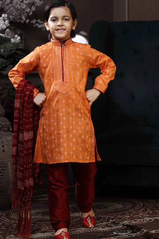 Orange Cotton Printed Boys Kurta (NKK-756)